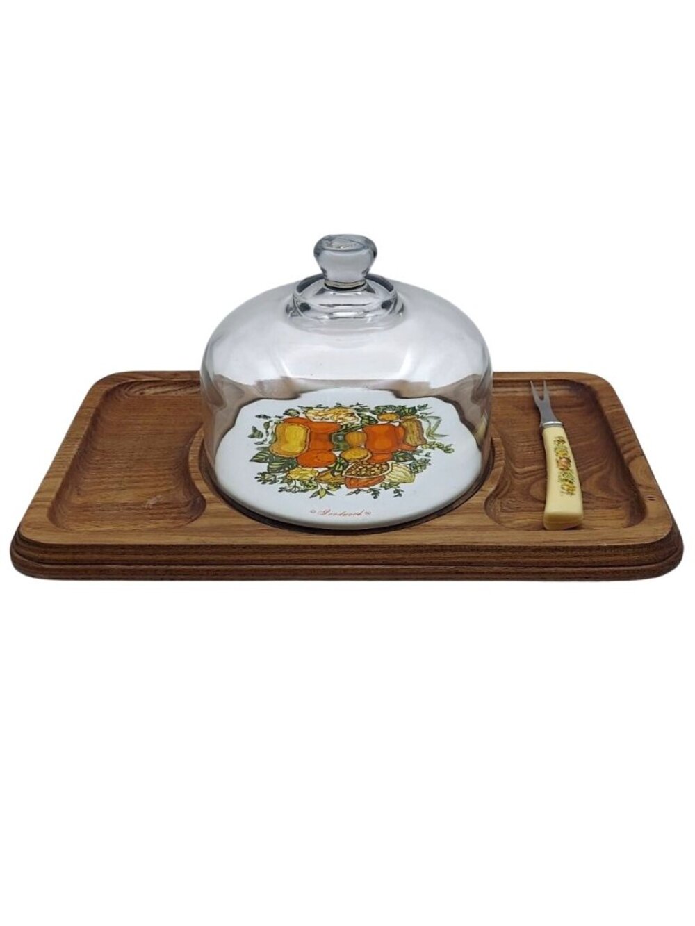 Vintage 1970s Goodwood Spice Of Life Cheese Board Set W/ Glass Dome Lid & Fork